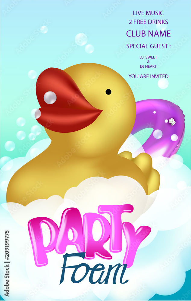 Foam party poster with rubber duck in a foam. Vector illustration Foam party poster with rubber duck in a foam. Vector illustration