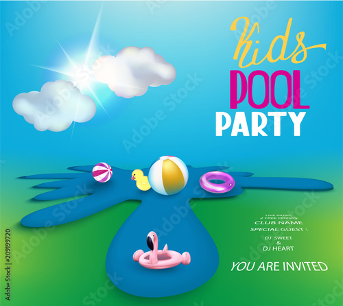 Pool party poster with inflatable toys in a puddle, clouds and sun. Vector illustration