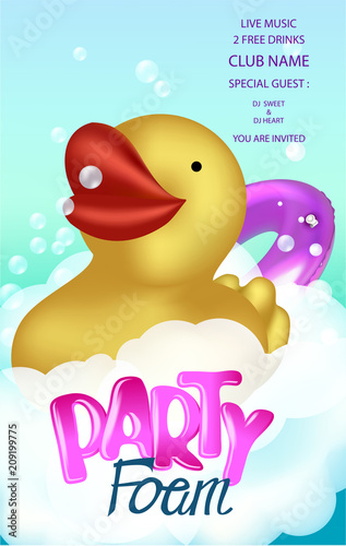 Foam party poster with rubber duck in a foam. Vector illustration