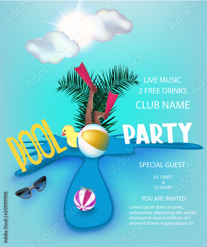 Pool party poster with inflatable toys in a puddle, clouds and sun. Vector illustration