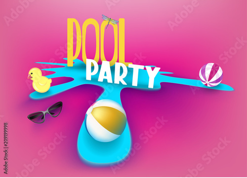 Pool party poster with inflatable toys in a puddle. Vector illustration