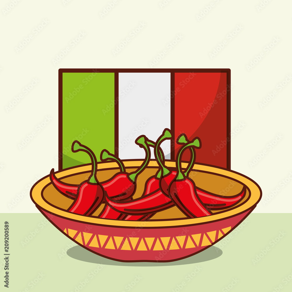 bowl with chili peppers mexican food flag background vector illustration