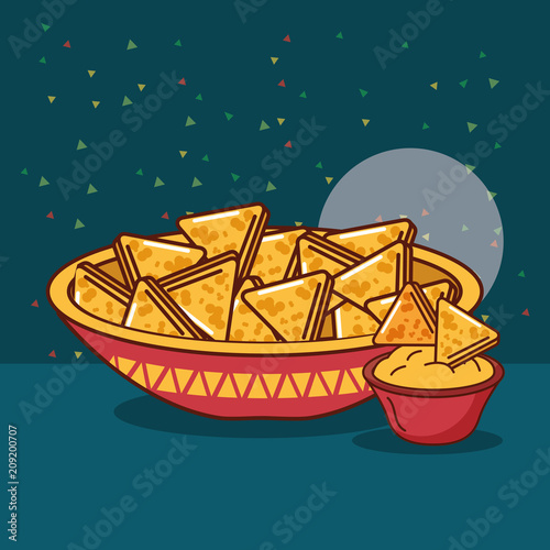 bowl nachos snack and cheese cream mexican food vector illustration