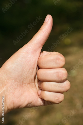 Thumbs-up sign before blured background © Hana