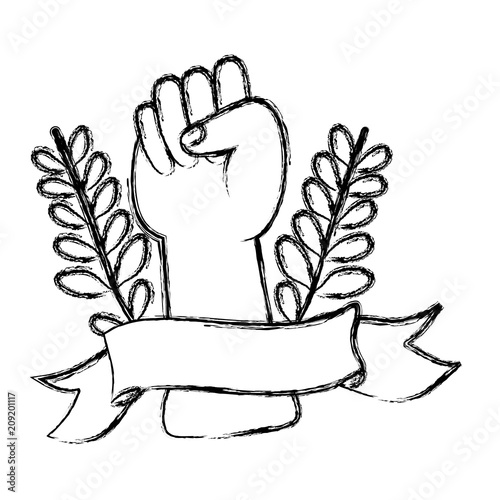 grunge opposition hand protest with branches leaves and ribbon