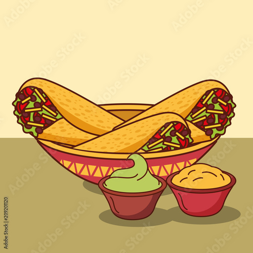 burritos in bowl with guacamole and cheese cream mexican food vector illustration