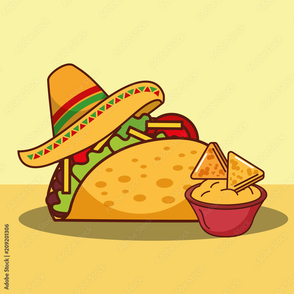 taco cheese sauce and nachos hat mexican food vector illustration taco cheese sauce and nachos hat mexican food vector illustration