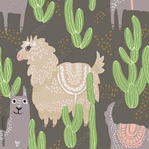 Beautiful hand drawn vector tile pattern of llama and cacti in scandinavian style isolated on white. Simple sweet kids nursery illustration. Graphic design for apparel print.