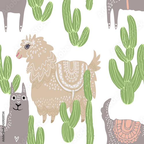 Beautiful hand drawn vector tile pattern of llama and cacti in scandinavian style isolated on white. Simple sweet kids nursery illustration. Graphic design for apparel print.