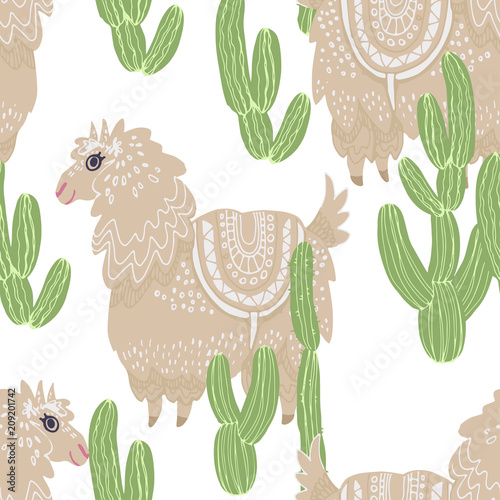 Beautiful hand drawn vector tile pattern of llama and cacti in scandinavian style isolated on white. Simple sweet kids nursery illustration. Graphic design for apparel print.