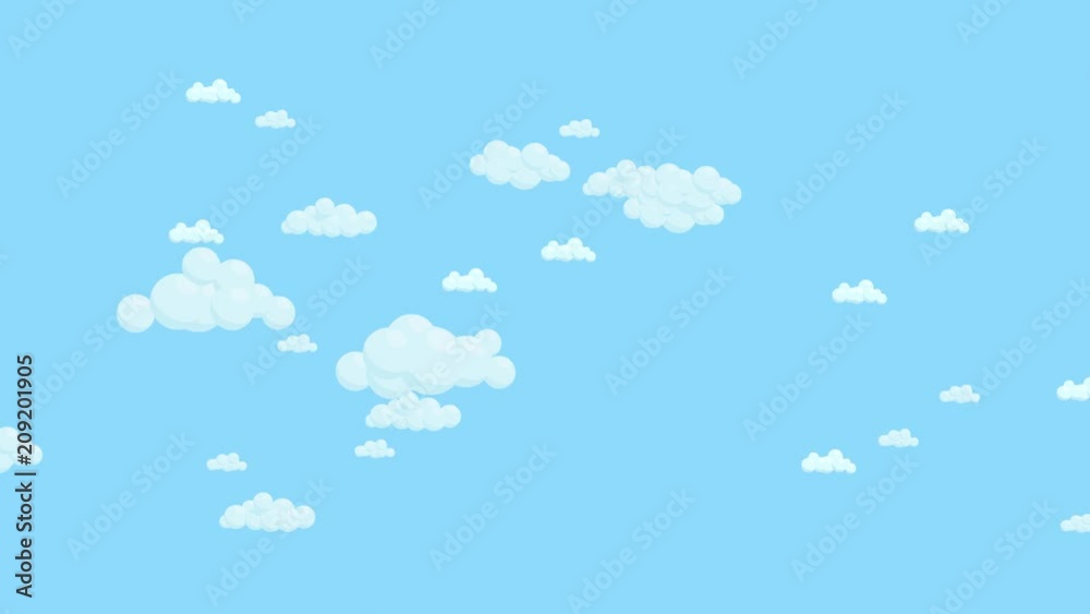 Blue sky full of clouds moving left to right. Cartoon sky animated background. Flat animation.
