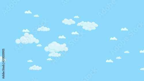 Blue sky full of clouds moving left to right. Cartoon sky animated background. Flat animation.
