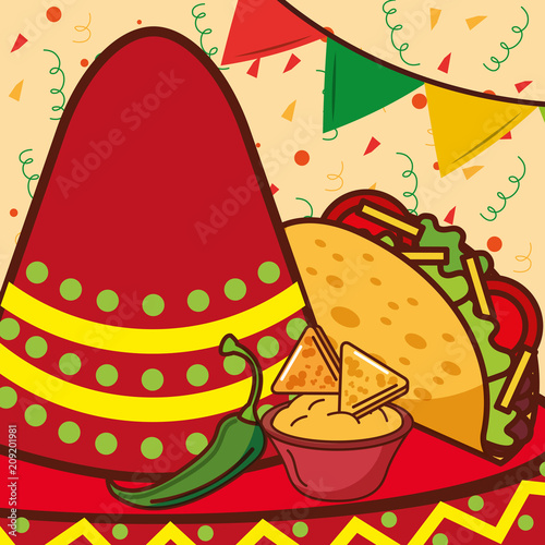 red hat taco nacho and cheese mexican food vector illustration