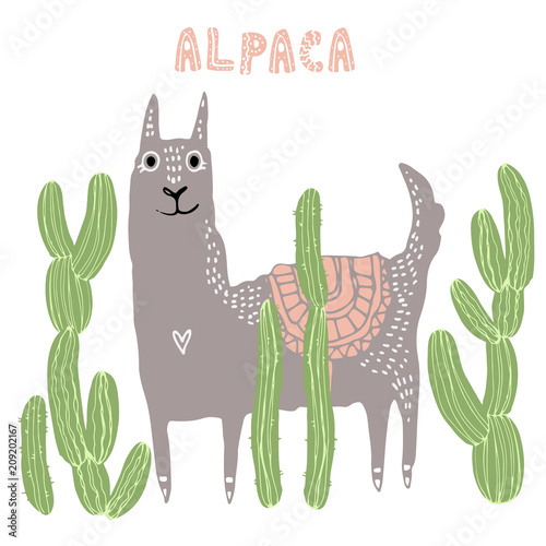 Beautiful hand drawn vector illustration of llama and cacti with lettering word alpaca in scandinavian style isolated on white. Simple sweet kids nursery illustration. Graphic design for apparel print
