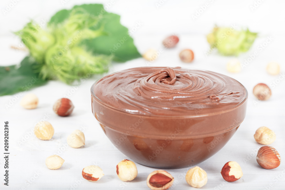 Homemade hazelnut spread in glass bowl with nuts and green hazelnut branch. Nutella nougat cream Homemade hazelnut spread in glass bowl with nuts and green hazelnut branch. Nutella nougat cream