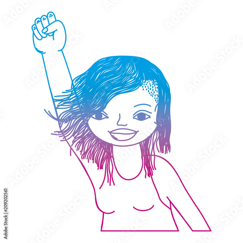 degraded line happy woman with hairstyle and hand oppose up