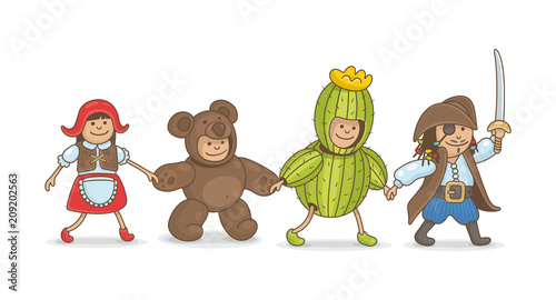 Kids holding hand in Christmas costumes, outline style. isolated on white background