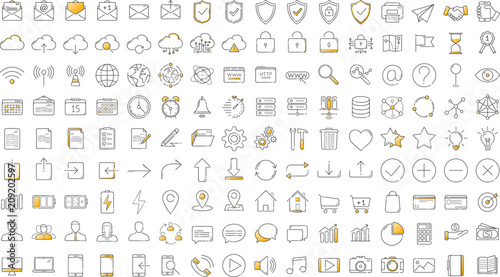 Black and orange business thin line icons set on white background
