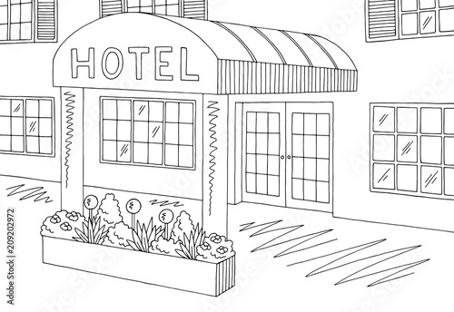 Hotel exterior graphic black white sketch illustration vector
