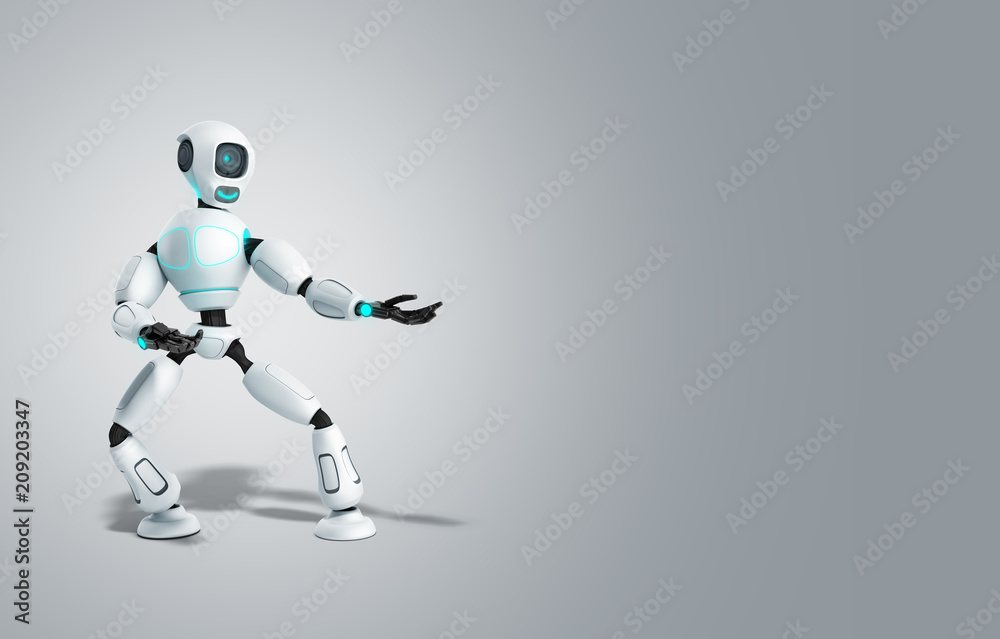 modern concept of product presentation robot points to a thing standing nearby 3d render on grey modern concept of product presentation robot points to a thing standing nearby 3d render on grey