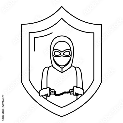 line shield with thief mask and criminal handcuffs