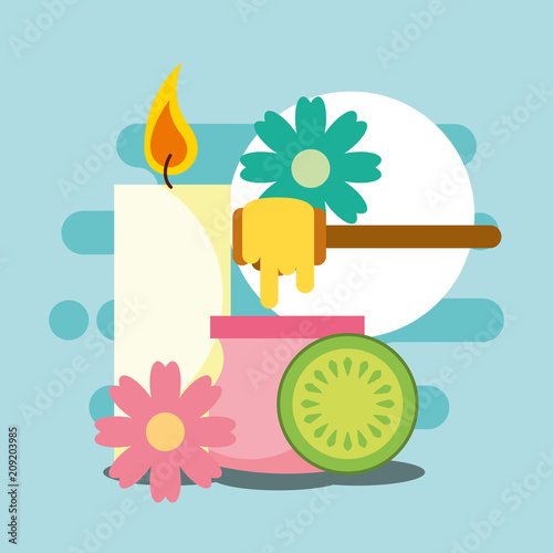 depilatory wax candle flowers and fruit spa wellness vector illustration