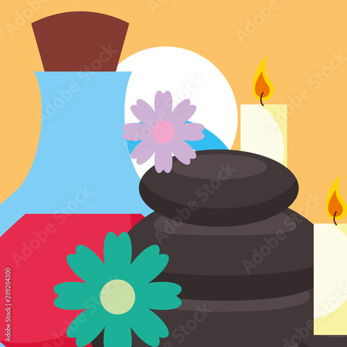 stone therapy massage candles flowers spa wellness vector illustration