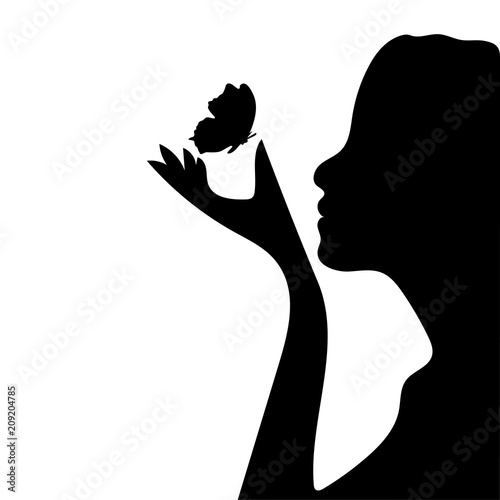 Silhouette of a Beauty girl with butterfly. Vector illustration on background.