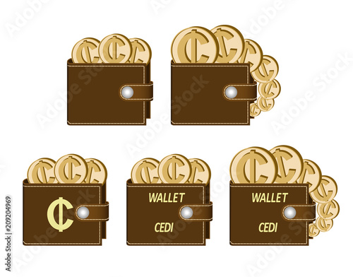 set of brown  wallets with cedi coins