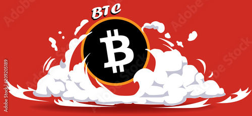 Cryptocurrency icon with hero comic style on warm red background:BTC icon
