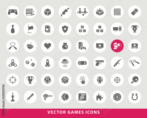 Set of Elegant Universal Black Minimalistic Solid Games Icons on Circular Colored Buttons on Grey Background