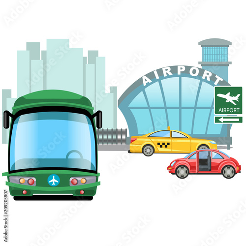 Vehicle waiting outside on airport building, car rental service, express bus transfer, taxi for fast travel vector illustration of modes of transport