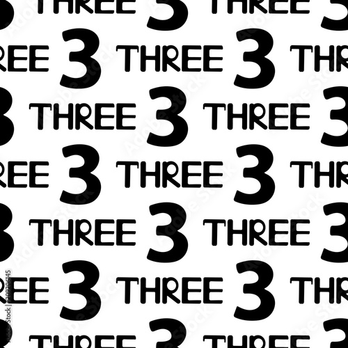 Seamless pattern with black numerals and words three on the white background.