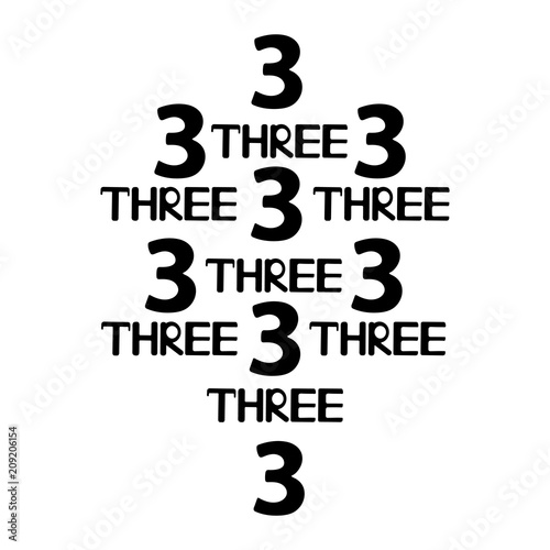 Black numerals and words three.