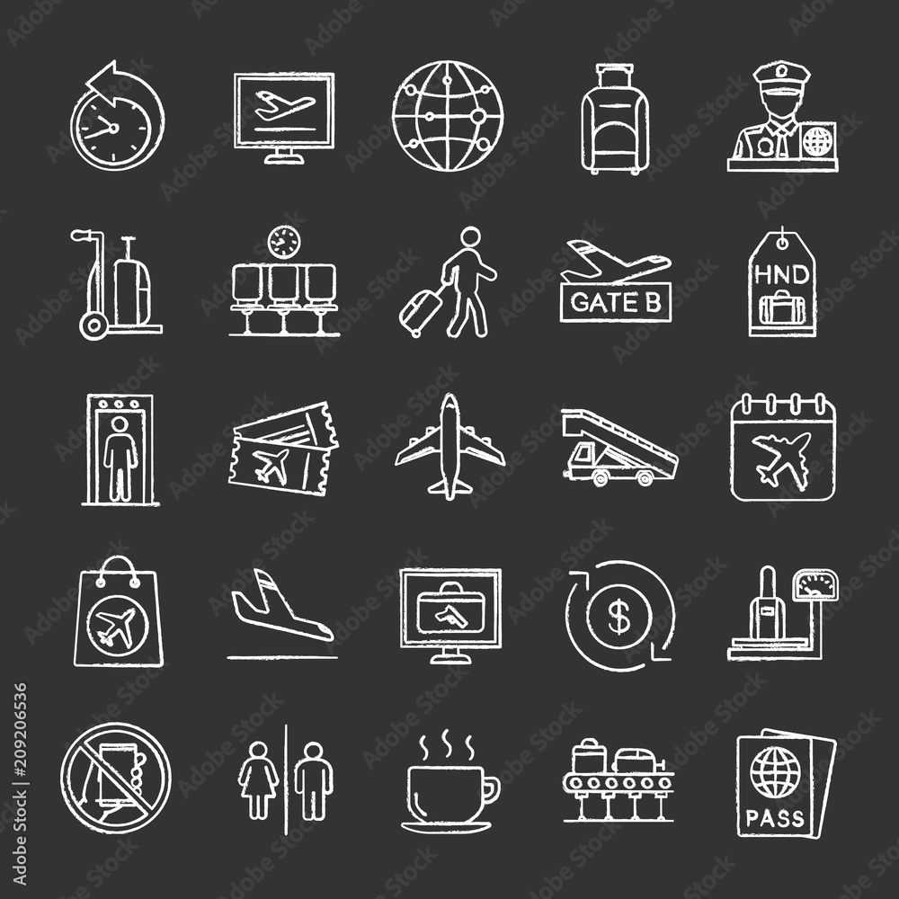Airport service chalk icons set Airport service chalk icons set