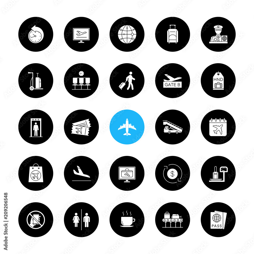 Airport service glyph icons set Airport service glyph icons set