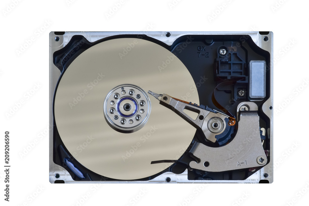 Used open computer hard drive isolated on white background (Industrial, Technology) Used open computer hard drive isolated on white background (Industrial, Technology)