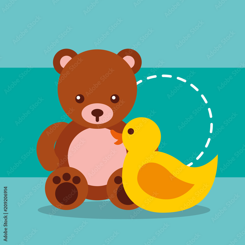 Fototapeta premium cute toys bear teddy and plastic duck vector illustration