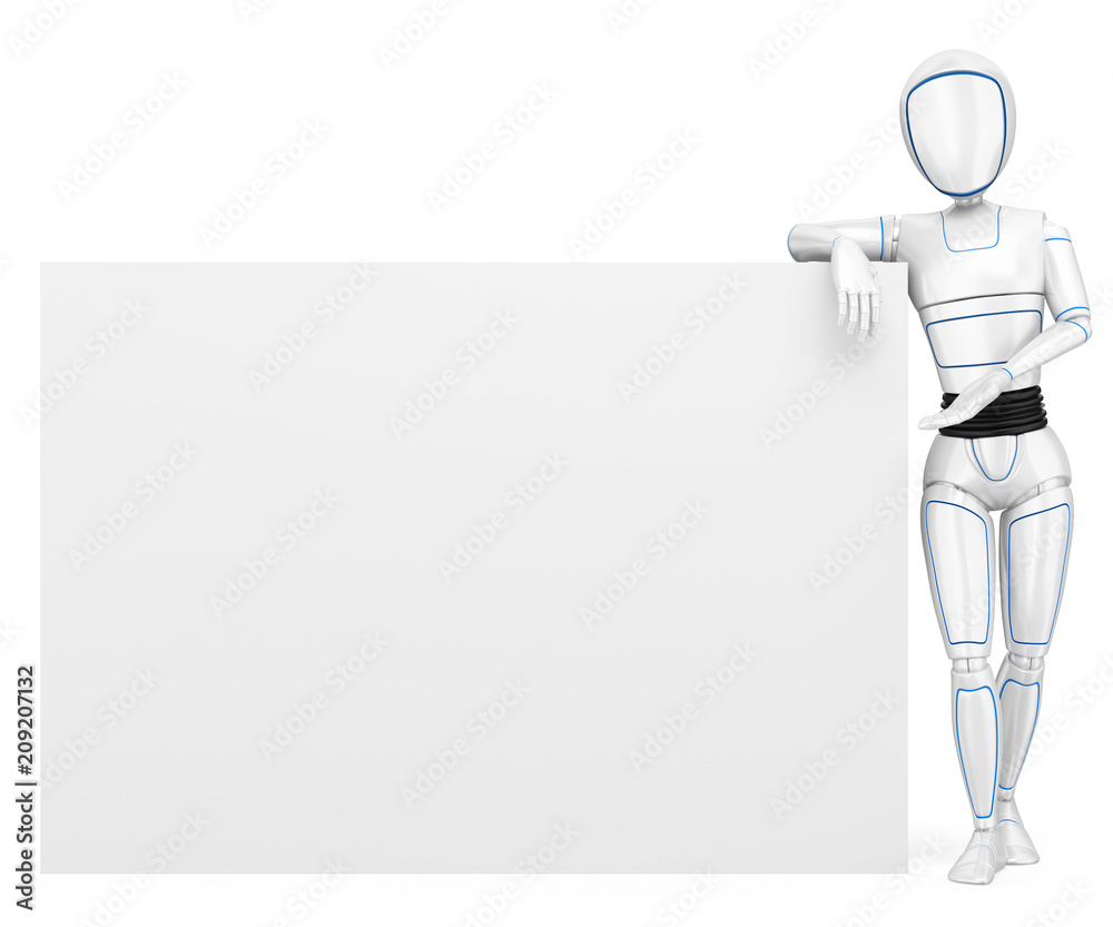 3D Humanoid robot leaning on a blank poster 3D Humanoid robot leaning on a blank poster