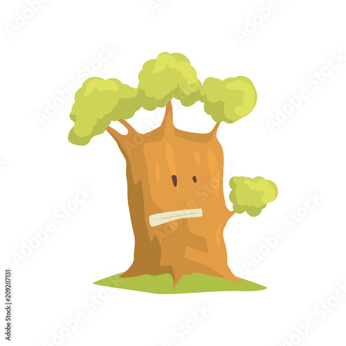 Big humanized tree with emotional face. Natural forest element. Green park plant. Flat vector illustration