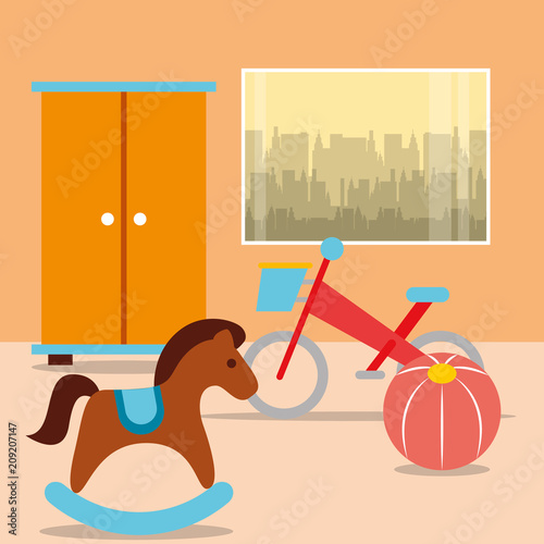 rocking horse bike ball with closet in room vector illustration