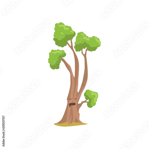 Tall humanized tree with face. Forest plant with bright green foliage. Flat vector design for children book or mobile game