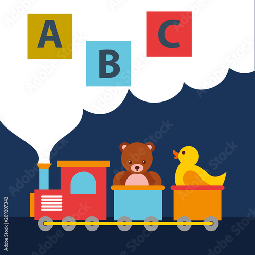 bear teddy and duck in train wagon blocks alphabet toys vector illustration