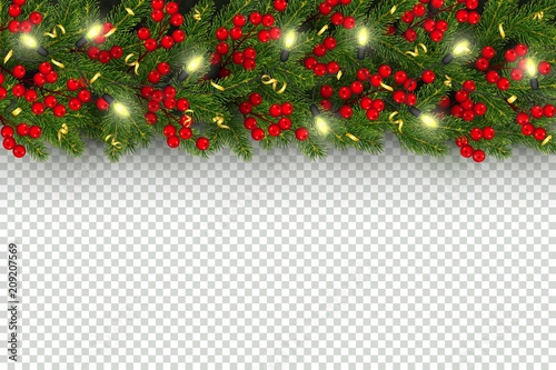 Christmas and New Year border of realistic branches of Christmas tree, garland with glowing lightbulbs, holly berries, serpentine