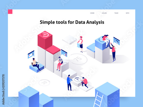 People interacting with charts and analysing statistics and data. Landing page template. 3d isometric illustration.