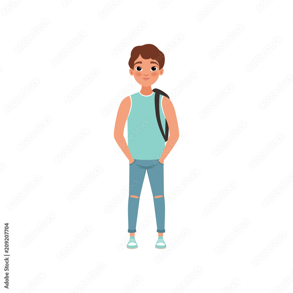 Fototapeta premium Schoolboy with backpack, student of highschool school, stage of growing up concept vector Illustration on a white background