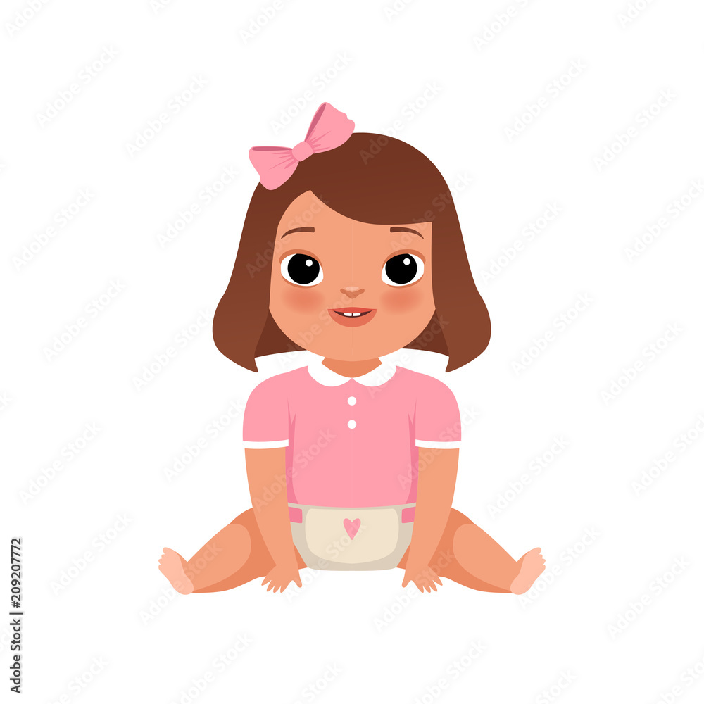 Cute little baby girl sitting on the floor, stage of growing up concept vector Illustration on a white background Cute little baby girl sitting on the floor, stage of growing up concept vector Illustration on a white background