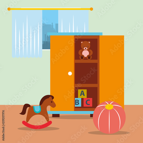 classroom kinder closet with toys bear blocks rocking horse and ball vector illustration