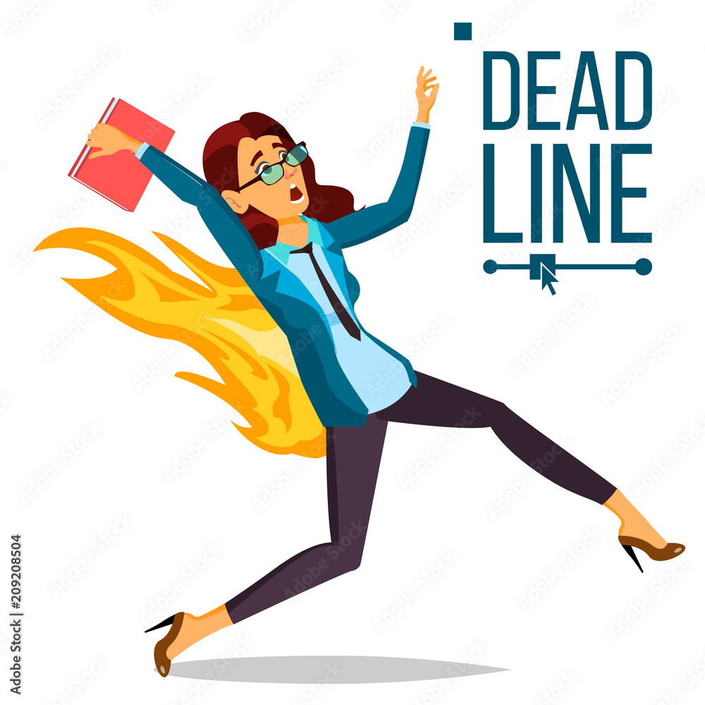 Deadline Concept Vector. Lack Of Time. Mess And Deadline Tasks. Stress In Office. Running Business Woman On Fire. Workers Hurry Up With Job. Illustration