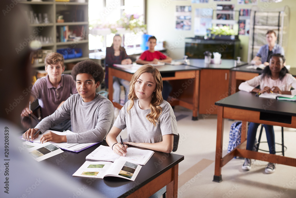 Male High School Tutor Teaching Students In Biology Class Male High School Tutor Teaching Students In Biology Class